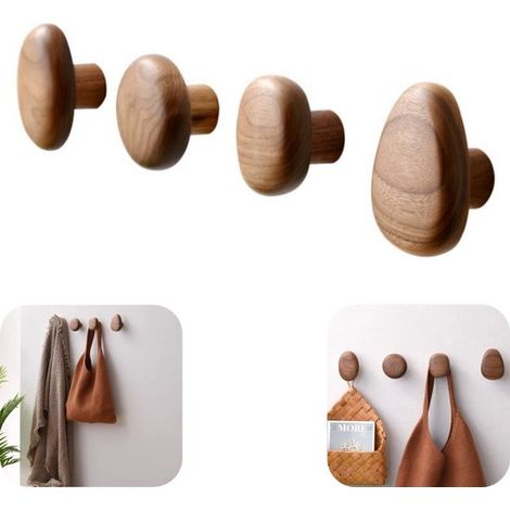 Crochets muraux en bois lot de 4 - patères autocollantes pour manteaux, plusieurs tailles, brun (1/5)