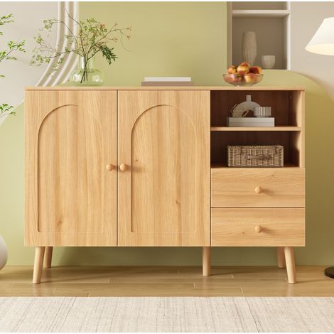 Aparador (118x35x82 cm), puertas curvadas, 2 puertas, 2 cajones y compartimentos abiertos, MDF y aglomerado natural (1/5)