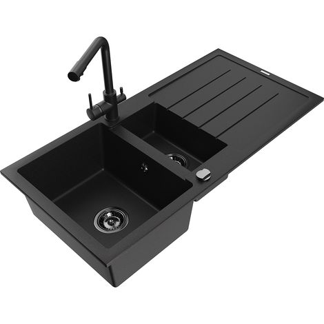 Mexen Andres 1,5-Becken-Granitspüle mit Abtropffläche und Mischbatterie Duero, Schwarz - 6515-77-671600-70-B (1/5)
