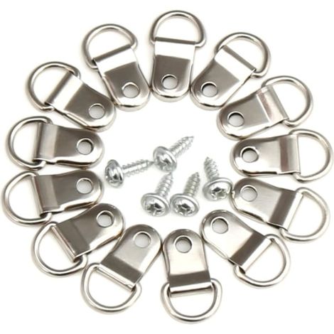 LYERCW - Lot de 100 anneaux en D pour cadres photo, crochets de suspension, fixation murale avec vis, acier inoxydable argenté, petit format (1/4)