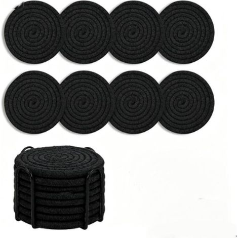 Juego de 8 posavasos absorbentes con base, de algodón, que miden 11 x 11 x 7,3 cm, en color negro. (1/5)