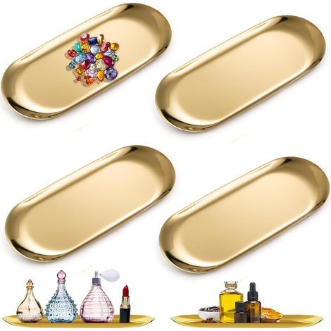 BRAVIX 4 Pièces Plateau Doré, Plateau Ovale, Plateau de Rangemen Doré, Inoxydable Plateau Rangement en Métal pour Collation Fruits Bougies Bonbons, Clé, Cosmétiques, Bijoux (1/4)