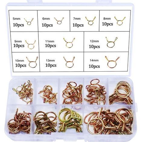 100 Stück Schlauchschellen mit Federclips, Kraftstoffschlauchschellen, Schlauchschellen mit Federclips, 5 mm, 6 mm, 7 mm, 8 mm, 9 mm, 10 mm, 11 mm, 12 mm, 13 mm, 14 mm