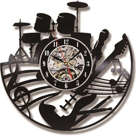 Horloge Murale Décorative "Guitare et Vinyle" - Design Moderne et Créatif - Œuvre d'Art Murale pour Salon/Chambre - 12 Pouces (30cm) LED