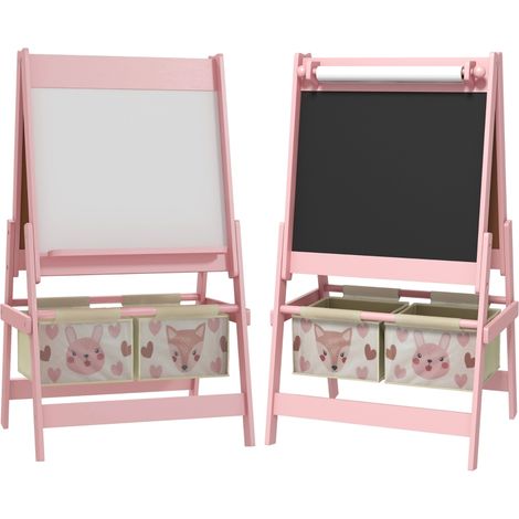 Chevalet pour enfants 3-en-1 avec rouleau, noir, 54 x 46,5 x 93 cm, pour maison et usage quotidien, paniers de rangement, rose, tableau blanc