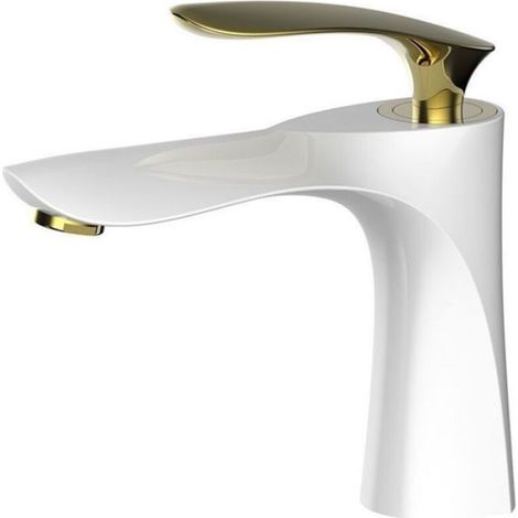 Robinet de lavabo de salle de bain au fini blanc Mitigeur chromé doré Lavabo à montage sur pont à Robinet en laiton à double finit (1/4)