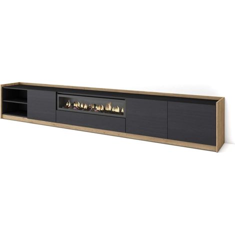 Mueble TV Lagos-02 de 310x50x37 cm con chimenea eléctrica, color negro y roble (1/4)