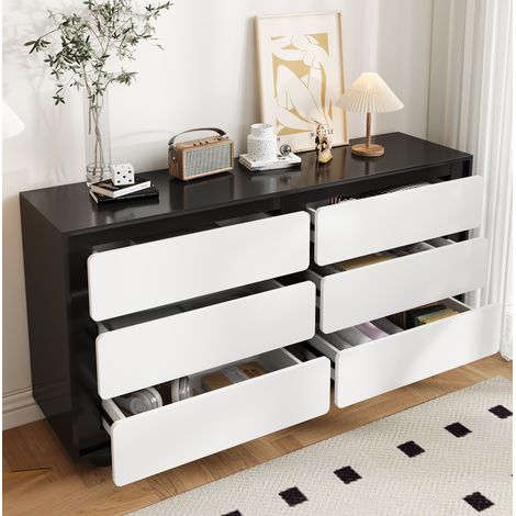 Credenza moderna con 6 cassetti bianchi e neri, in pannello truciolare con piedi in metallo, mobile contenitore per soggiorno o camera - FLORAGRACE (1/5)