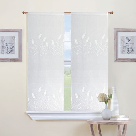 Paire de voilages brodés 60x120 cm – 100 % polyester – Finition passe-tringle – Pour fenêtres cuisine et salle de bains