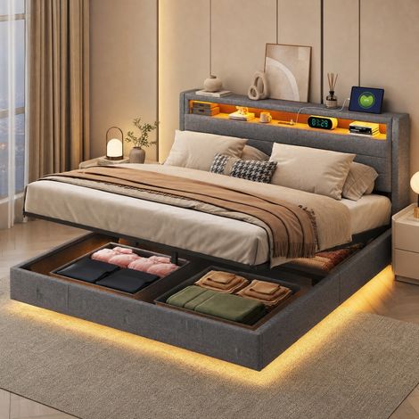 Cama 160x200 cm con arcón hidráulico y LED, gris, estructura de madera, sin colchón FloraGrace (1/5)