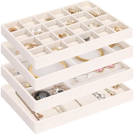 Ensemble de rangement pour bijoux 4 pièces, organisateur de tiroir empilable, idéal pour ranger boucles d'oreilles, bracelets, colliers, montres, cosmétiques, bagues et autres bijoux. Beige. (1/5)