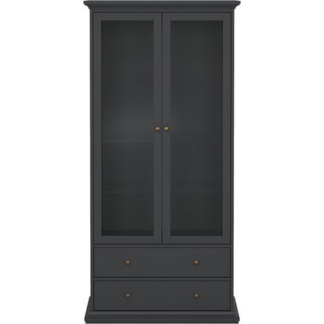 Venedig Vitrinenschrank 2 Glastüren und 2 Schubladen matt grau. (1/5)