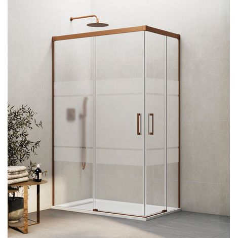 BASIC corner entry shower enclosure with two sliding doors and two fixed panels, 75x70 cm, Frost screen-printed glass, copper finish (1/5)