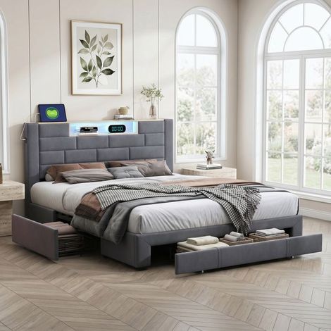 Letto 140x190 - Velluto grigio - 3 cassetti - LED e USB - Rete a doghe inclusa (1/5)