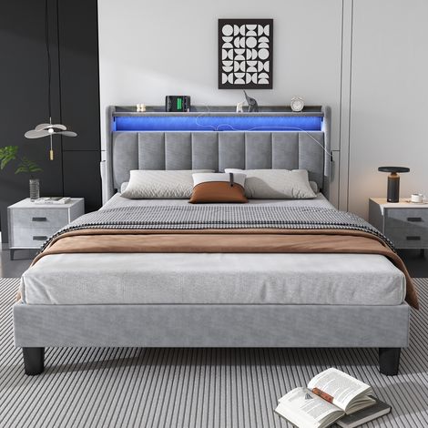 Upholstered Bed, 4ft6 double bed 135x190cm, Lower flap door storage, With LED light strip, 3 USB port+1 Type C, Durable and Sturdy, Youth bed, for adults & teenagers, Velvet, Grey