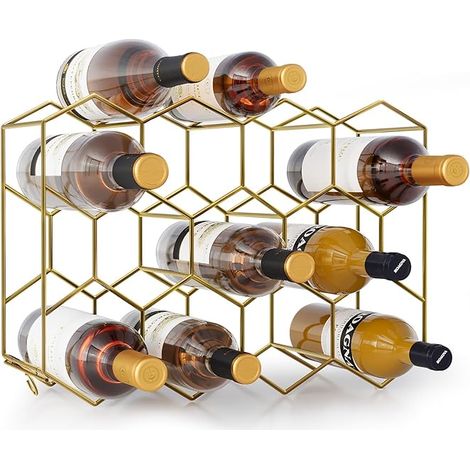 Casier à Vin Or en Métal, Casier à Bouteilles pour 14 Bouteilles et 2 Verre a Vin, Petit Range Bouteille 43 x 13,6 x 31 cm, Porte Bouteille pour la Cuisine Bar Cave (1/5)