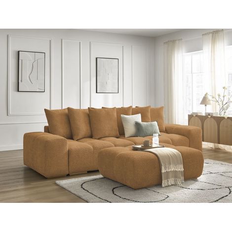 BOBOCHIC - Canapé droit fixe 3 places ANAKIN tissu bouclette avec pouf Jaune (1/5)