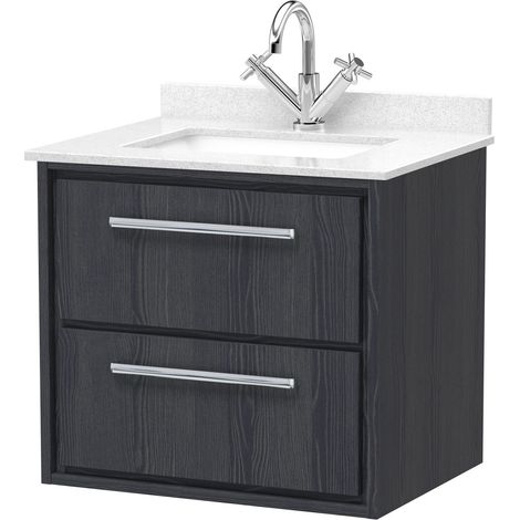 Longnor 2 Drawer Wall Hung Vanity Unit with Square Basin and Marble Worktop, Woodgrain Graphite Grey, 600mm