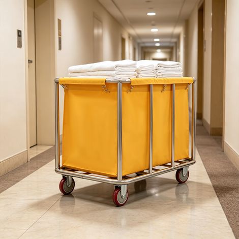 Grand chariot à linge, commercial, en acier inoxydable, avec roulettes, pour la maison, l'hôtel, chambre à linge, 400 l, capacité de charge 200 kg, 90 x 65 x 80 cm (Jaune) (1/5)