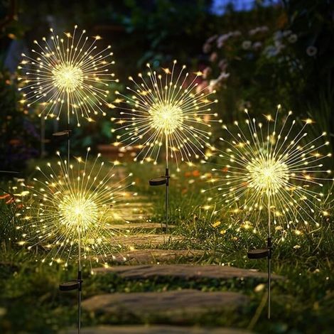 Bardusch - Lot de 4 Solaires Extérieur Jardin,120 LED Feux d'artifice Solaires,Étanche Lampe Solaire de Pissenlit pour Cour, Pelouse, Fête, Patio, Décoration de Mariage (blanc chaud)