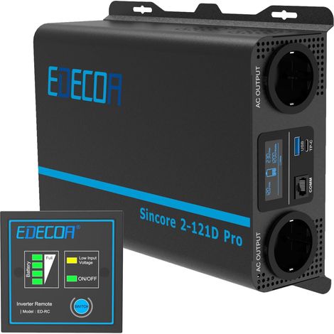 Edecoa – Convertisseur de tension 12V DC à 230V AC – Puissance 1200W – Écran LCD – 2 ports USB – Télécommande incluse – Protection multiple - LCD 2 X USB