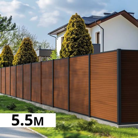 Kit Clôture Bois Composite Teck 5,5x1,8m SANTOS - Poteaux en Aluminium Gris - Brise Vue - Palissade