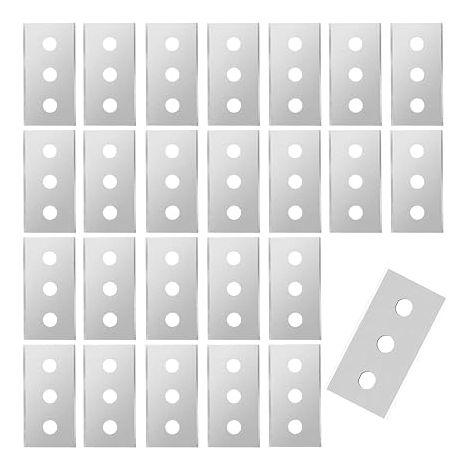 25 Pièces Grattoir Plaque Vitrocéramique Lames De Rechange Argenté Grattoirs Double Face Grattoir À Trois Trous Gratte Vitre Pour Le Nettoyage Sols Vitre Miroirs 43×22×0.2Mm (1/5)