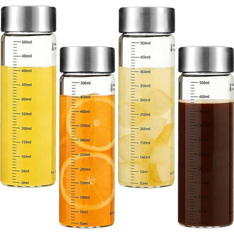 Lot de 4 Bouteilles en Verre 500 ml, avec Graduation de Mesure, Réutilisable, sans BPA, avec Couvercle en Acier Inoxydable, pour les Jus, les Smoothies, le Lait et le Thé, le Café (1/5)