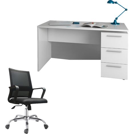 Escritorio blanco mate con silla de oficina gris oscuro