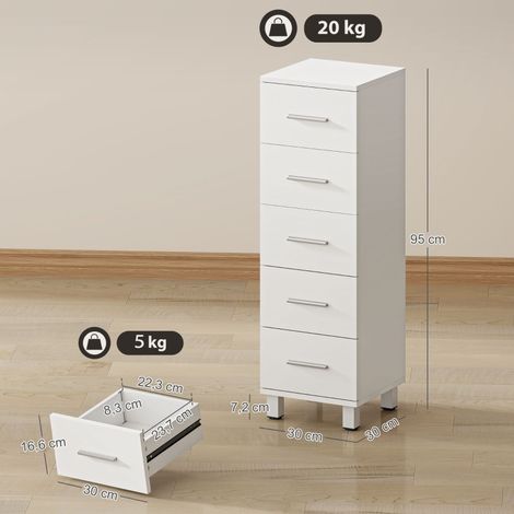 Meuble de bain colonne fine 5 tiroirs, 30x30x95 cm, blanc, rangement vertical pour petite salle d'eau. (1/5)