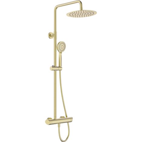 Colonne de douche avec mitigeur et pomme de douche ronde en finition or brossé - Harty