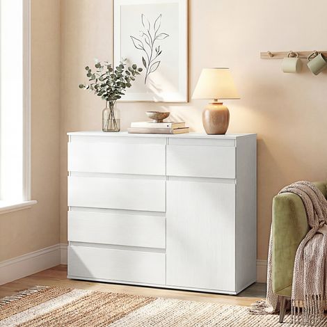 Credenza da soggiorno, mobile contenitore con 5 cassetti, ripiano regolabile e anta con chiusura ammortizzata, 100 x 40 x 80 cm, bianco