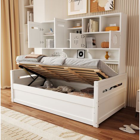 Cama sofá 90x200 cm, con gran almacenaje, hidráulica, madera, blanco (1/5)