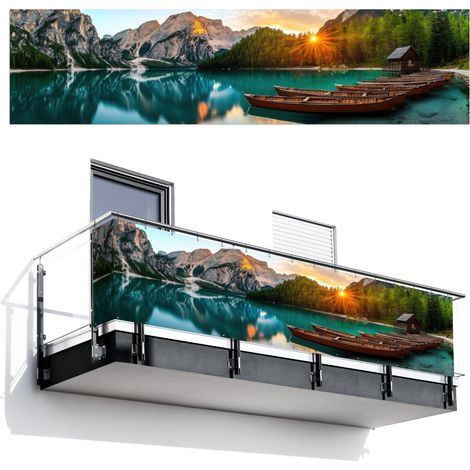 PANTALLA DE PRIVACIDAD PARA BALCÓN Lago - Montañas - Puesta de sol - Barco 500x120 (1/4)