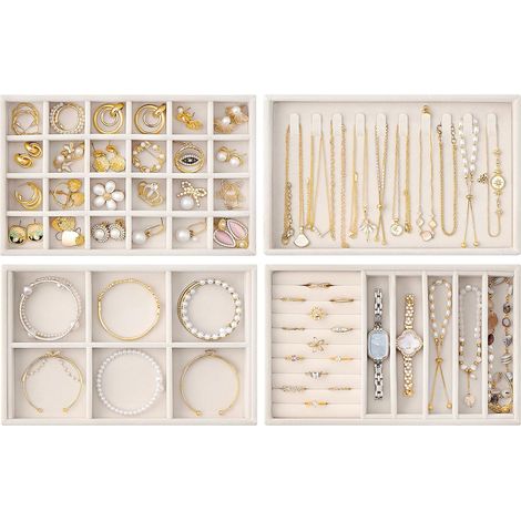 Plateau à Bijoux pour Tiroir, Organisateur en Velours avec Compartiments Modulables, Rangement pour Bagues, Colliers et Boucles d’Oreilles -Lot de 4, Beige (1/5)