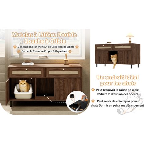 Armoire pour litière avec tapis anti-salissures, armoire pour chat pour bac à litière, armoire pour animal avec tiroirs en rotin, buffet/meuble TV pour animal, sans bac à litière, couleur noyer, 120x5 (1/5)