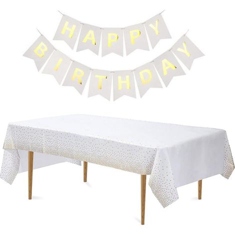 Einweg Tischdecke Geburtstag PEVA 137x274cm Weiß Gold Punkte mit Girlande