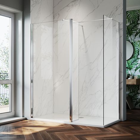 ELEGANT Walk in Shower Enclosure 8mm Easy Clean Glass 900mm Wetroom Shower Glass Panel with 700mm Side Panel and 300mm Flipper Panel (1/7)