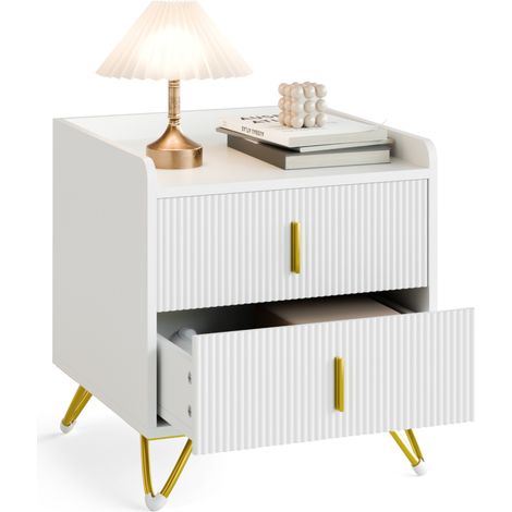 Table de Chevet avec 2 Tiroirs,50Lx40Px50H cm, Table d’Appoint Moderne pour Chambre et Salon, Blanc et Doré, Mondeer (1/5)