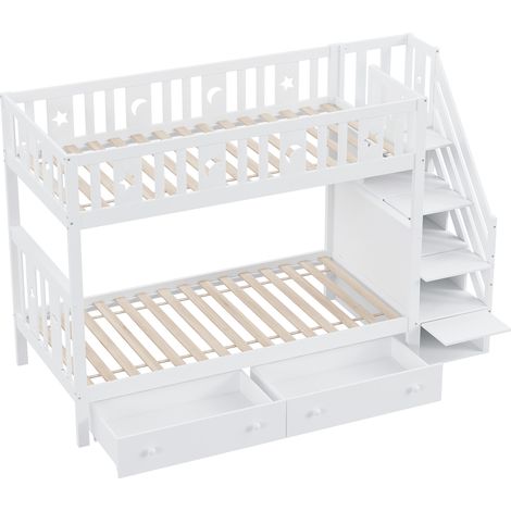 Letto a castello per bambini 90 x 200 cm con scala contenitore, 2 cassetti e rete, bianco (1/5)