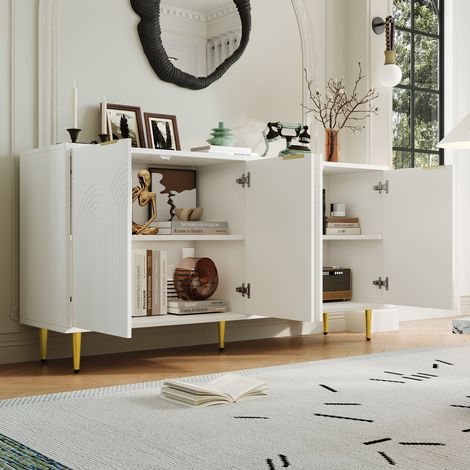 Buffet moderne 160x40x80cm - avec 4 portes  - pieds en métal - panneau de particules - Blanc
