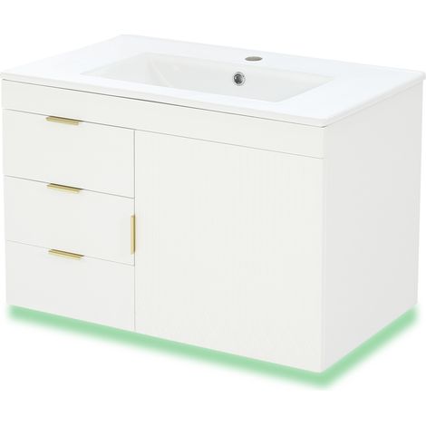 Meuble de salle de bain mural 76 cm avec vasque en céramique, LED contrôlable par application, finition bois blanc (1/5)