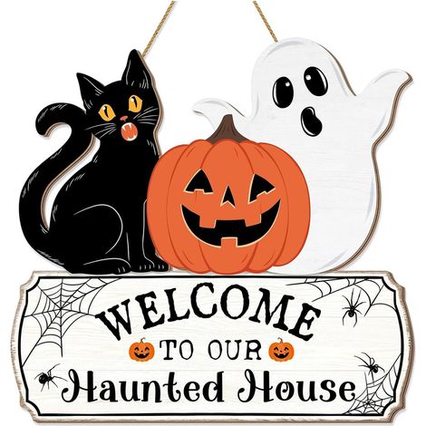 Letrero de puerta de Halloween, Decoración de ratón calabaza, Letrero de bienvenida de madera, Decoración de entrada de porche (1/5)