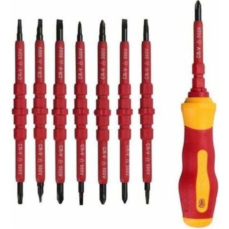 Set mit 7 isolierten 500-V-Elektrikerschraubendrehern mit Prüfgerät, Komfortgriff, austauschbaren magnetischen Spitzen, Reparaturwerkzeugset – KZQ