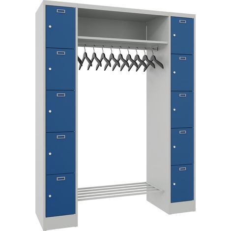 STIER Garderobe, 2 Säulen mit 5 Fächern, 300 mm AB, Hutablage 900 mm, Zyl., RAL 7035/5010 (1/2)