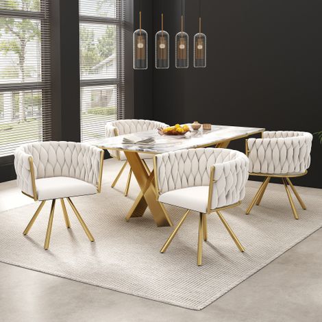 Chaises de salle à manger en velours (Lot de 4) — Luxueuses chaises d'appoint pivotantes pour salon ou chambre à coucher  Fauteuils pivotants à 4 pieds en métal  Beige avec accents dorés