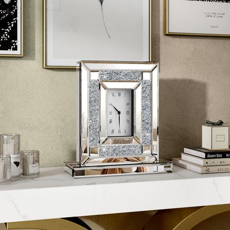 Modern Glam Mirrored Crystal Table Clock - Decorative Roman Numeral Desk Clock for Bedroom, Living Room, Vanity Accent (1/5)