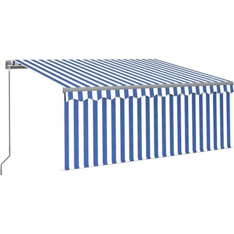 Store banne rétractable manuel bleu et blanc 3x2,5m avec rideaux occultants (1/5)