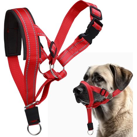Collier de tête pour chien, collier anti-traction, muselière réglable et réfléchissante, muselière anti-traction avec laisse de dressage, pour promenades en douceur, taille S, rouge (1/5)