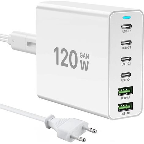 Chargeur USB C 120W GaN,Multiple Chargeur USB【4USBC + 2USBA】 Charge PD, 6 Ports USB c Station de Charge Compatible avec / / /Tablet/Mobil Power et Autres appareils USB (Blanc) (1/5)